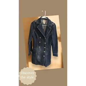 Y2k Jou Jou Premium Denim M Dark Wash Double Breasted Trench‎ Coat Jean Jacket
